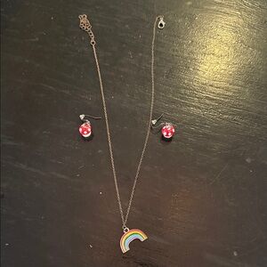 Rainbow Pendant Necklace with Red Mushroom Earrings- homemade